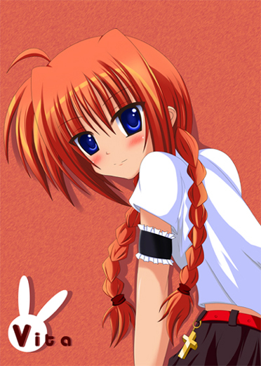 harano, kurono yuzuko, vita (nanoha), lyrical nanoha, mahou shoujo lyrical nanoha, mahou shoujo lyrical nanoha a's, 00s, 1girl, armband, blue eyes, blush, braid, child, female focus, red hair, shirt, solo, t-shirt, twin braids