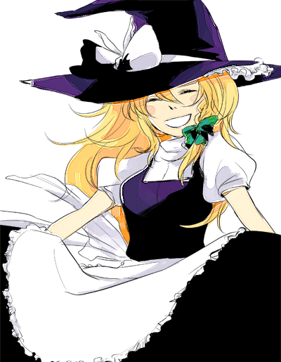 moo, kirisame marisa, touhou, bad id, bad pixiv id, 1girl, blonde hair, closed eyes, dress, female focus, hair ribbon, hat, ribbon, simple background, smile, solo, white background, witch, witch hat