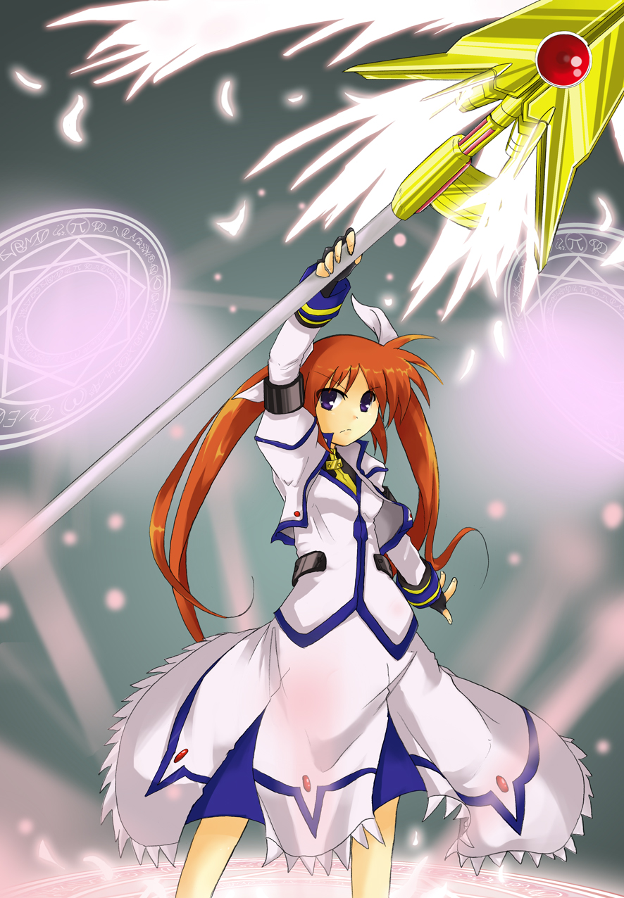 man-tan, mukunoki nanatsu, nanatsu, raising heart, raising heart (exceed mode), takamachi nanoha, takamachi nanoha (exceed mode), lyrical nanoha, mahou shoujo lyrical nanoha, mahou shoujo lyrical nanoha strikers, bad id, bad pixiv id, highres, 00s, 1girl, blue eyes, brown hair, energy wings, female focus, fingerless gloves, gloves, jacket, magazine (weapon), magic, magic circle, magical girl, open clothes, open jacket, purple eyes, red hair, solo, twintails, wings