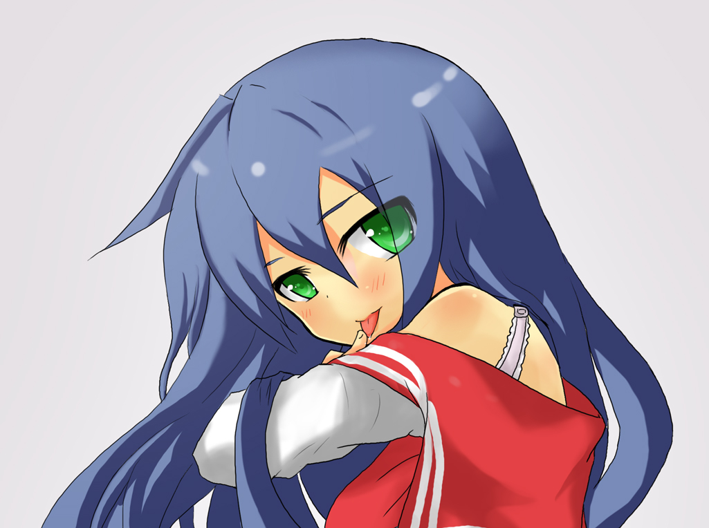 man-tan, mukunoki nanatsu, nanatsu, izumi konata, lucky star, bad id, bad pixiv id, 00s, 1girl, blue hair, female focus, green eyes, solo, tongue