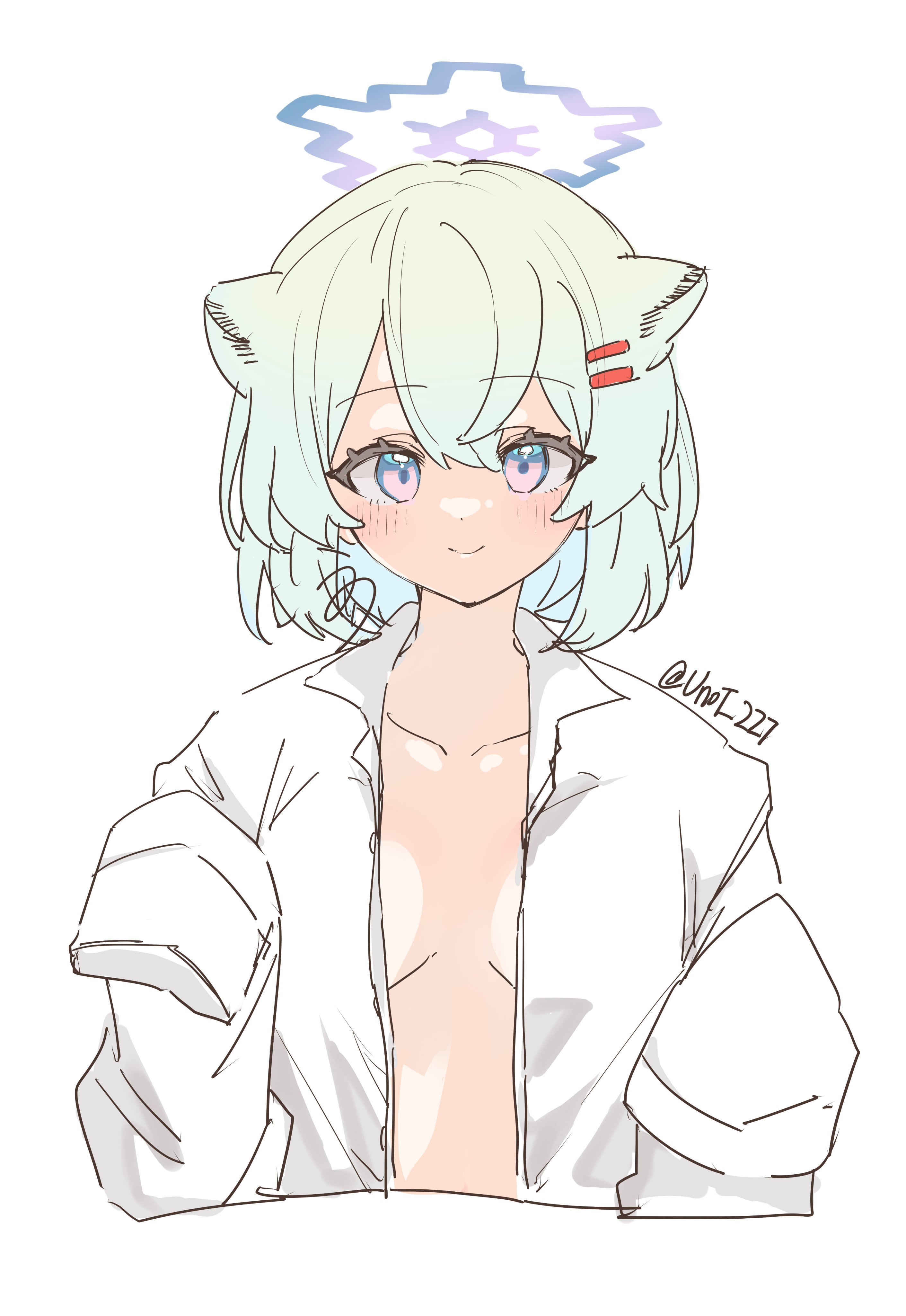 unot 227, shigure (blue archive), blue archive, absurdres, highres, 1girl, animal ears, blush, breasts, closed mouth, collarbone, collared shirt, cropped torso, green hair, hair between eyes, hair ornament, hairclip, halo, looking at viewer, multicolored eyes, naked shirt, open clothes, open shirt, purple eyes, purple halo, shirt, short hair, simple background, sleeves past fingers, sleeves past wrists, small breasts, smile, solo, straight-on, twitter username, upper body, weasel ears, white background, white shirt