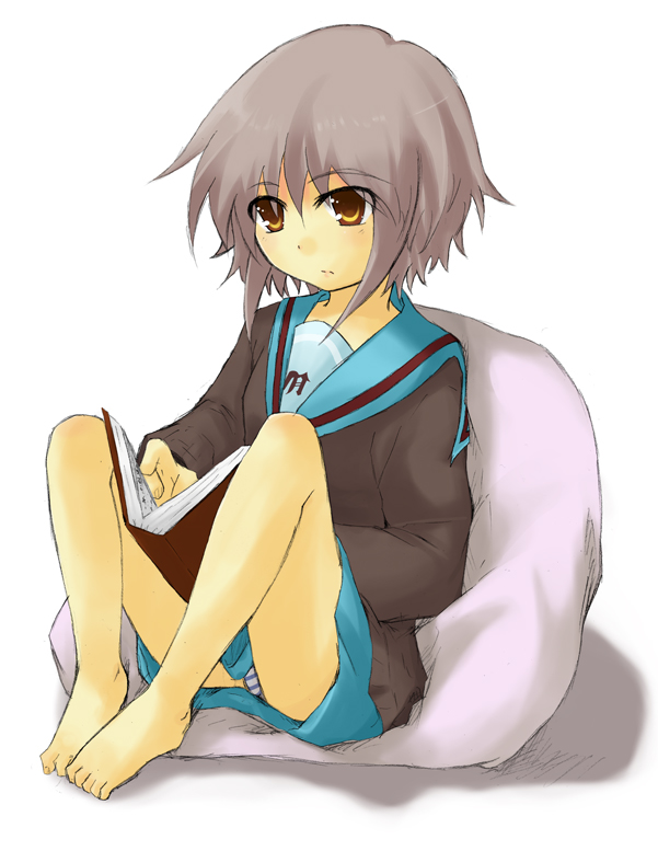 man-tan, mukunoki nanatsu, nanatsu, nagato yuki, suzumiya haruhi no yuuutsu, silver hair, bad id, bad pixiv id, 00s, 1girl, barefoot, book, brown eyes, cardigan, feet, female focus, open book, panties, pantyshot, reading, school uniform, serafuku, short hair, sitting, solo, underwear