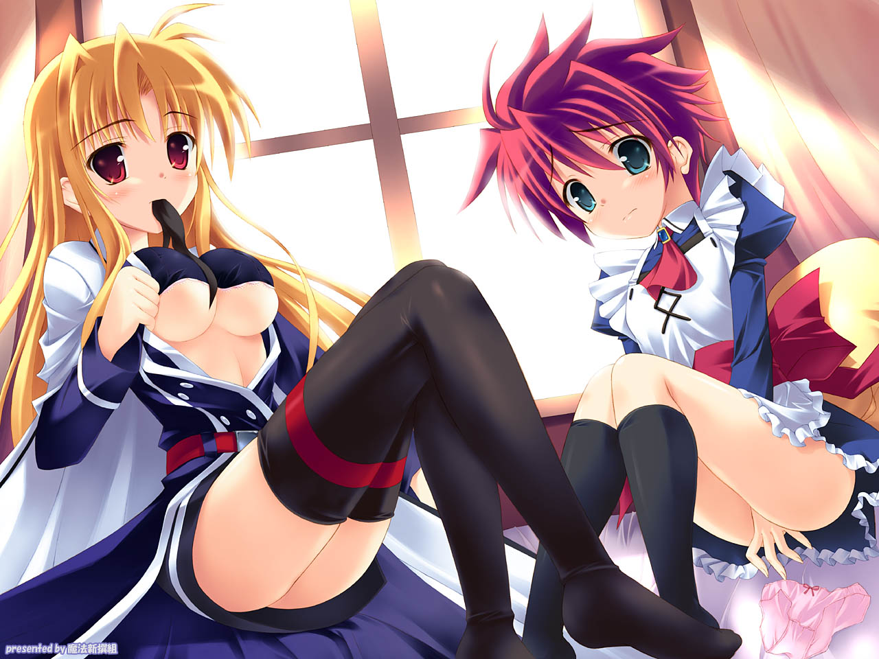 kouzuki hajime, erio mondial, fate testarossa, lyrical nanoha, mahou shoujo lyrical nanoha, mahou shoujo lyrical nanoha strikers, 00s, 1boy, 1girl, aqua eyes, black thighhighs, blonde hair, blush, breasts, crossdressing, green eyes, hetero, indoors, long hair, looking at viewer, medium breasts, miniskirt, mouth hold, red eyes, red hair, short hair, shota, skirt, thighhighs, trap, underboob, undressing, zettai ryouiki