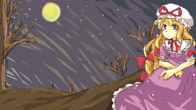 man-tan, mukunoki nanatsu, nanatsu, yakumo yukari, touhou, bad id, bad pixiv id, 1girl, blonde hair, female focus, hair ribbon, moon, night, night sky, purple hair, ribbon, sky, solo