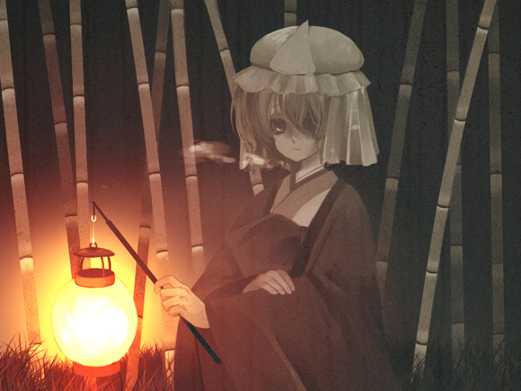 gawa, wagga, saigyouji yuyuko, touhou, bad id, bad pixiv id, 1girl, bamboo, bamboo forest, female focus, forest, hair over one eye, hat, lantern, nature, paper lantern, solo