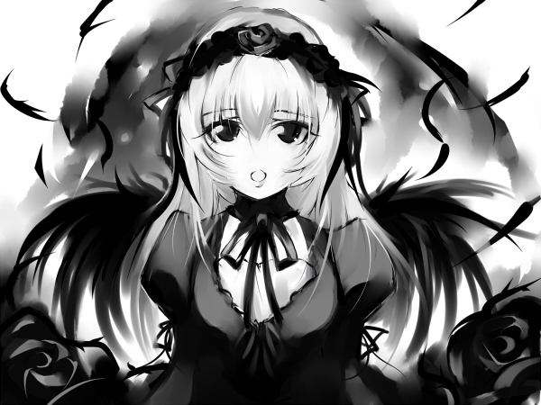 blaze (blazeillust), suigintou, rozen maiden, 00s, black wings, bureizu, feathers, greyscale, hairband, monochrome, solo, wings