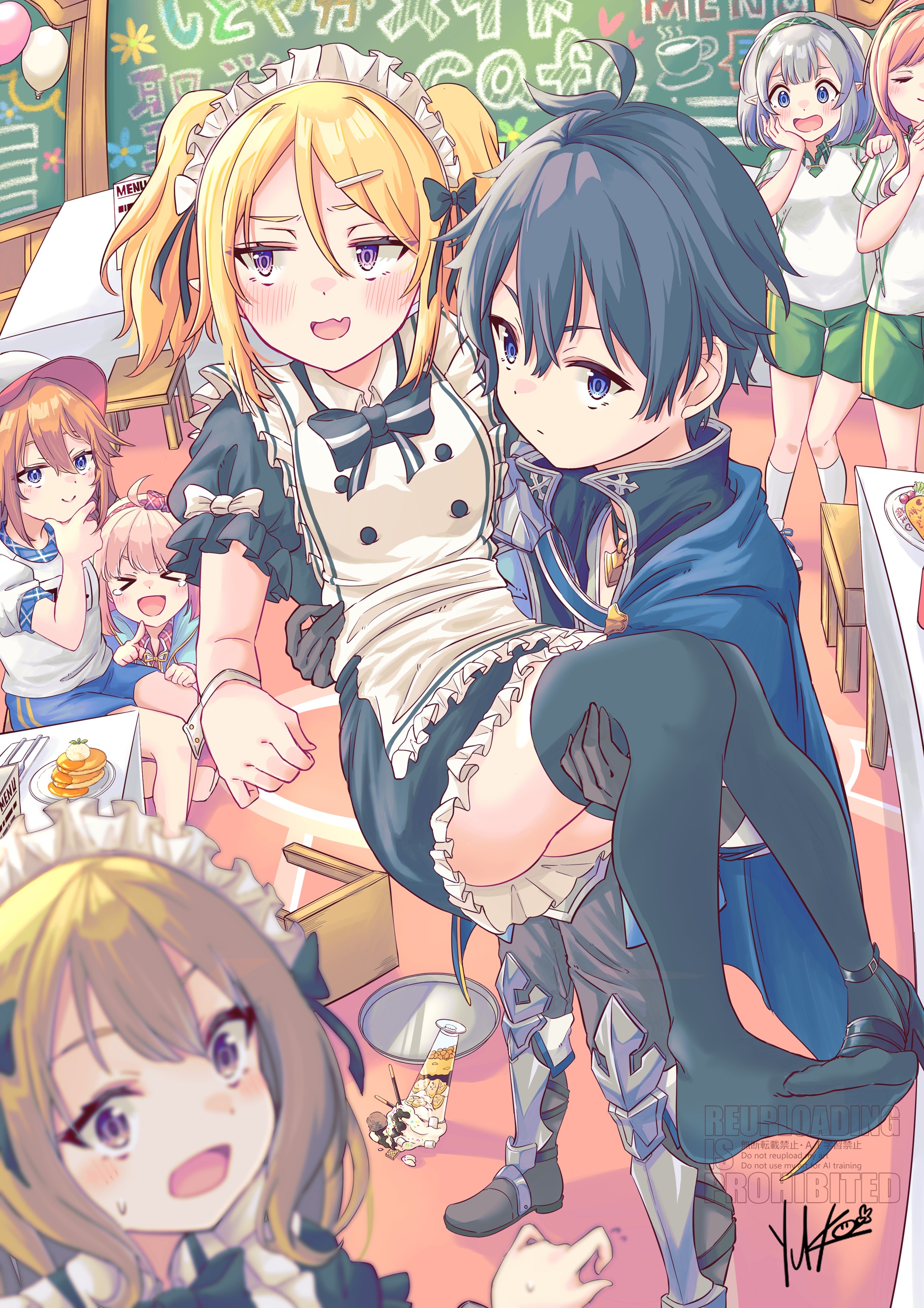 eclair milk, chloe (princess connect!), yuni (princess connect!), yuuki (princess connect!), princess connect!, absurdres, highres, > <, 1boy, 6+girls, alternate costume, apron, black hair, blonde hair, blue cape, blue eyes, blush, bow, cape, carrying, elf, enmaided, food, gym shorts, gym uniform, hat, maid, maid apron, maid headdress, multiple girls, open mouth, orange hair, pink hair, plate, pointy ears, princess carry, purple eyes, shoes, short hair, shorts, single shoe, smile, table, thighhighs