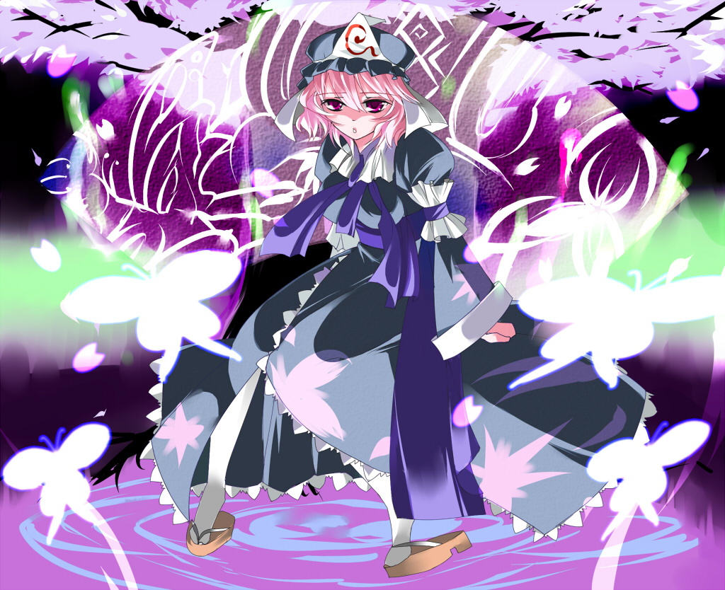 blaze (blazeillust), saigyouji yuyuko, touhou, 1girl, bug, bureizu, butterfly, dress, female focus, full body, gradient background, hat, insect, petals, pink hair, purple eyes, solo