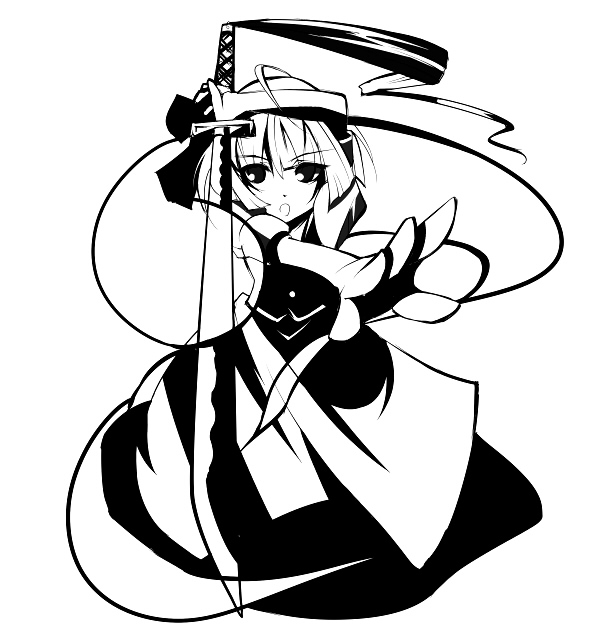blaze (blazeillust), konpaku youmu, konpaku youmu (ghost), touhou, 1girl, bureizu, female focus, greyscale, hitodama, katana, monochrome, solo, sword, weapon