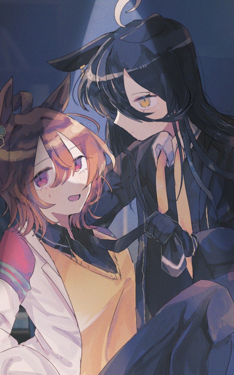 agnes tachyon (umamusume), manhattan cafe (umamusume), umamusume, highres, 2girls, ahoge, animal ears, assertive female, averting eyes, black coat, black gloves, black hair, black necktie, black pantyhose, black shirt, breasts, brown hair, chemical structure, closed mouth, clothes grab, coat, collared shirt, ctlv, dot mouth, ear ornament, earrings, ears down, expressionless, gloves, hair between eyes, horse ears, horse girl, jewelry, lab coat, long bangs, long hair, long hair between eyes, looking at another, loose necktie, medium breasts, medium hair, multicolored hair, multiple girls, necktie, necktie grab, neckwear grab, open clothes, open coat, pantyhose, red eyes, shirt, single earring, sweatdrop, sweater, very long hair, white coat, white hair, yellow eyes, yellow sweater, yuri