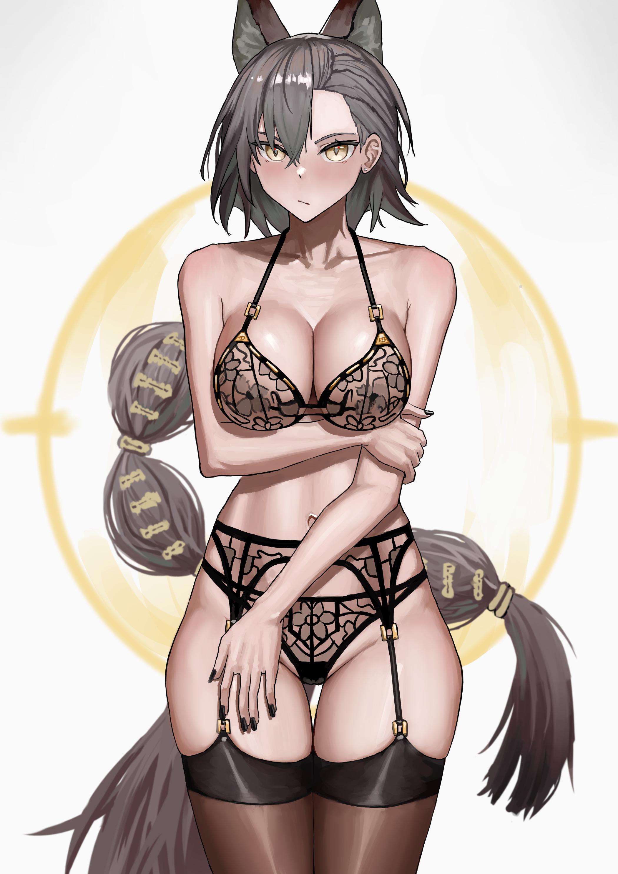 khione (yukhione), penance (arknights), arknights, absurdres, highres, 1girl, animal ears, bare shoulders, black bra, black garter belt, black nails, black panties, black thighhighs, bra, breasts, brown hair, cleavage, closed mouth, collarbone, cowboy shot, earrings, expressionless, extra ears, fingernails, garter belt, garter straps, groin, hair between eyes, hair tie, jewelry, large breasts, lingerie, long fingernails, long hair, looking at viewer, nail polish, navel, panties, solo, standing, stomach, stud earrings, tail, thigh gap, thighhighs, thighs, underwear, underwear only, very long hair, white background, wide hips, wolf ears, wolf girl, wolf tail, yellow eyes