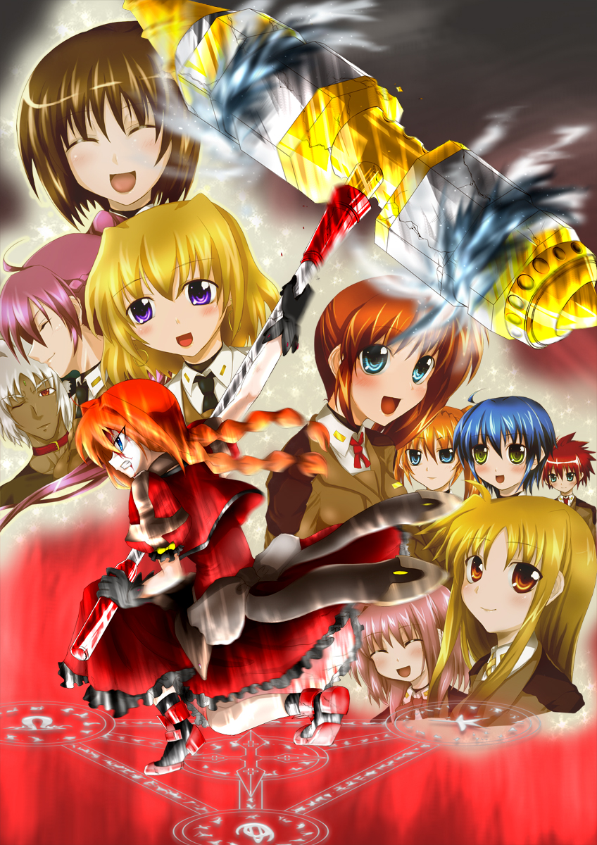 minatsuki randoseru, red pearl, fate testarossa, graf eisen, shamal, signum, subaru nakajima, takamachi nanoha, teana lanster, vita (nanoha), yagami hayate, zafira, lyrical nanoha, mahou shoujo lyrical nanoha, mahou shoujo lyrical nanoha strikers, highres, 00s, 2boys, 6+girls, ahoge, backpack, bag, bleeding, blonde hair, blood, blood on face, blue eyes, blue hair, braid, brown eyes, brown hair, child, clenched teeth, closed eyes, damaged, drill, earrings, gloves, hammer, jacket, jewelry, lab coat, magic circle, magical girl, military, military uniform, multiple boys, multiple girls, one eye closed, open clothes, open jacket, orange hair, ponytail, purple eyes, randoseru, red eyes, red hair, side ponytail, teeth, twin braids, twintails, yellow eyes