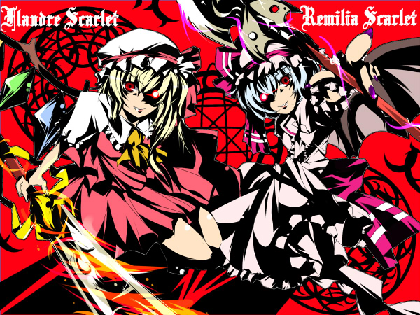 blaze (blazeillust), flandre scarlet, remilia scarlet, touhou, 2girls, bureizu, character name, female focus, hat, mob cap, multiple girls, red eyes, siblings, sisters