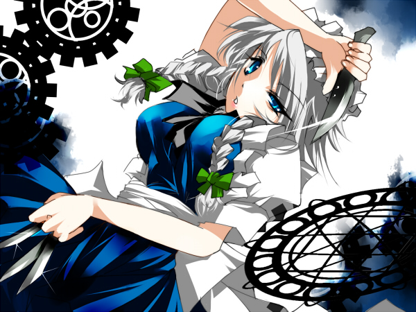blaze (blazeillust), izayoi sakuya, touhou, silver hair, 1girl, between fingers, blue hair, braid, bureizu, female focus, holding, knife, maid, solo, throwing knife, twin braids, weapon