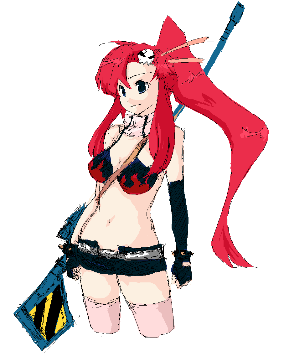saiste, yoko littner, tengen toppa gurren lagann, 00s, bikini, bikini top only, gun, navel, ponytail, red hair, solo, swimsuit, thighhighs, weapon
