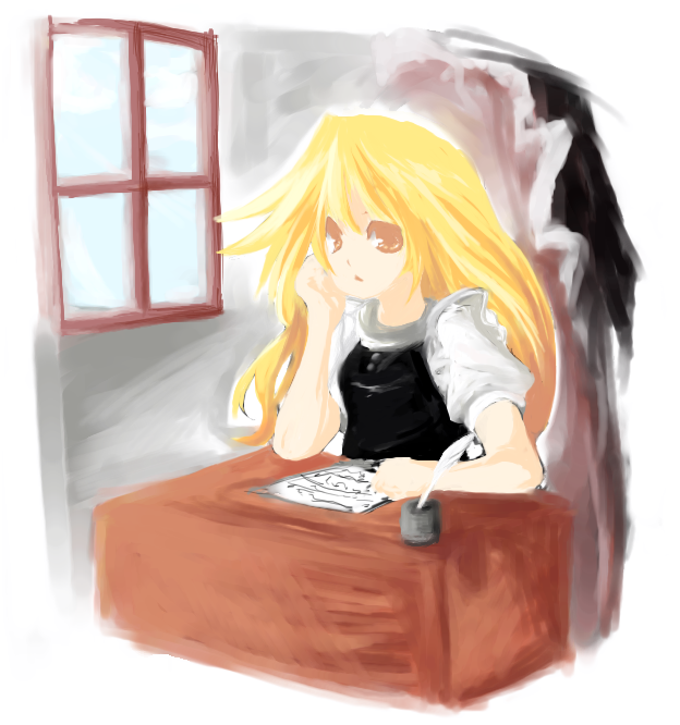 saiste, kirisame marisa, touhou, 1girl, blonde hair, female focus, indoors, solo, upper body, window