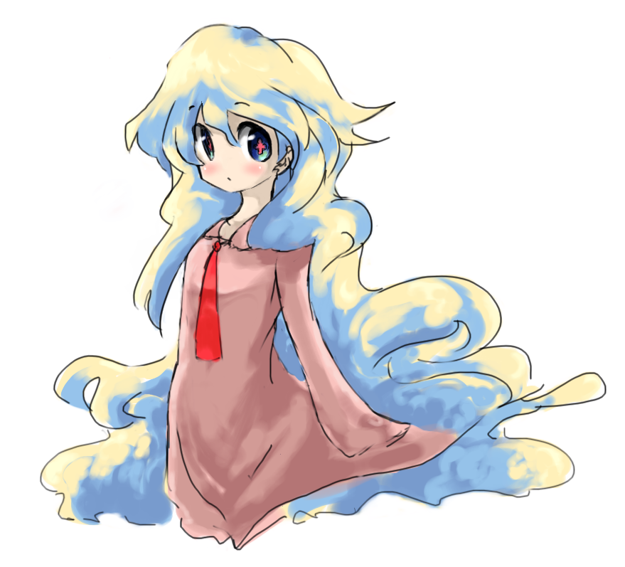 saiste, nia teppelin, tengen toppa gurren lagann, 00s, 1girl, blue eyes, blue hair, blush, collarbone, cowboy shot, curly hair, dress, expressionless, female focus, long hair, long sleeves, looking at viewer, matching hair/eyes, multicolored hair, necktie, pink dress, red necktie, solo, square-end necktie, two-tone hair, very long hair