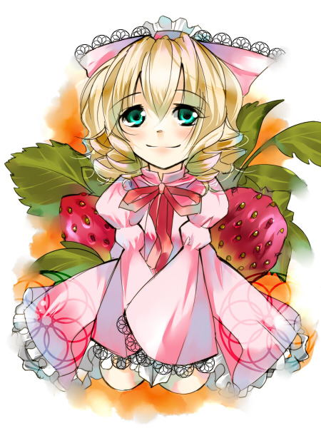 blaze (blazeillust), hinaichigo, rozen maiden, 00s, 1girl, aqua eyes, blonde hair, bow, bureizu, food, fruit, name connection, object namesake, pink bow, strawberry