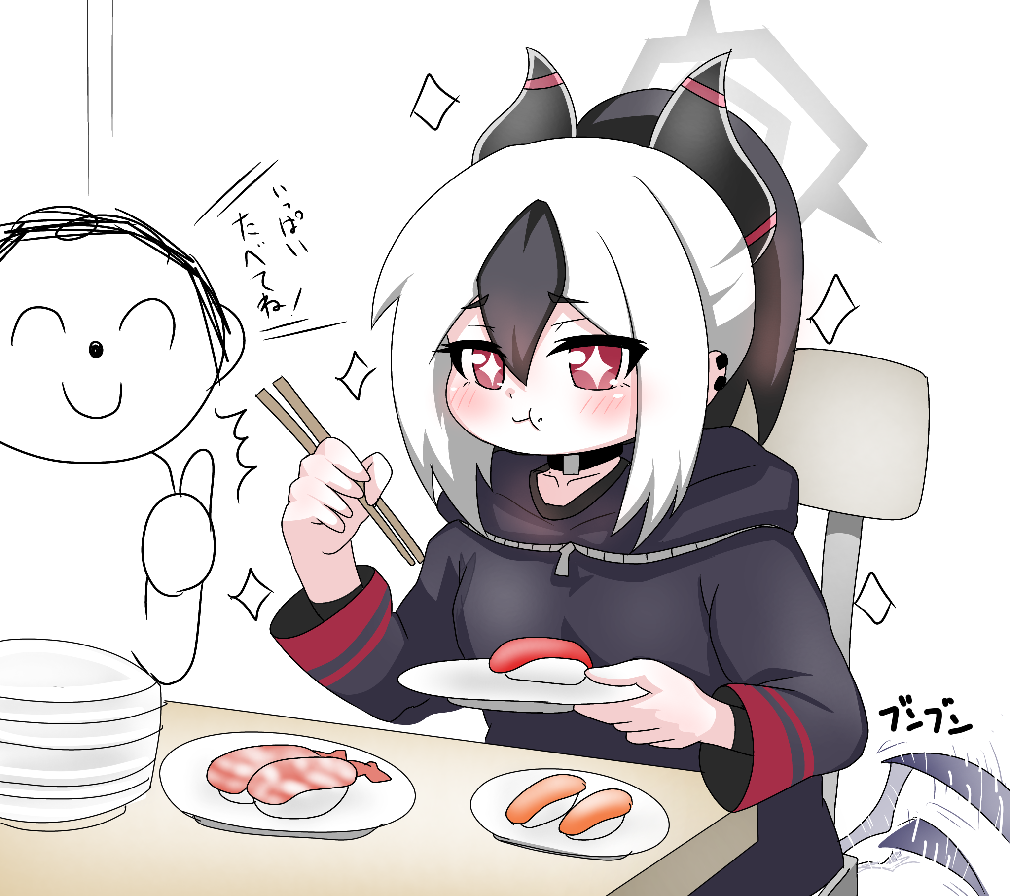 tomimon, doodle sensei (blue archive), kayoko (blue archive), sensei (blue archive), blue archive, commentary request, highres, translation request, + +, 1boy, 1girl, :t, ^^^, afterimage, black hair, black hoodie, blush, chair, chopsticks, closed mouth, eating, fish (food), food, food on face, grey wings, hair between eyes, halo, holding, holding chopsticks, holding plate, hood, hood down, hoodie, horns, long sleeves, low wings, motion lines, multicolored hair, nigirizushi, on chair, plate, ponytail, red eyes, simple background, sitting, sparkle, speed lines, sushi, thumbs up, two-tone hair, white background, white hair, wings