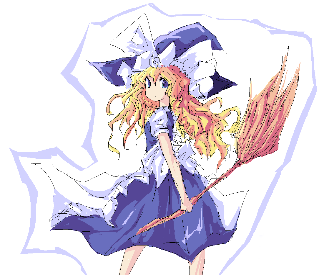 saiste, kirisame marisa, touhou, 1girl, blonde hair, blue eyes, broom, dress, female focus, hat, oekaki, solo, white background, witch, witch hat