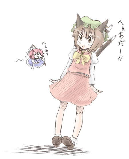 ameimo, chen, onozuka komachi, touhou, translation request, 2girls, animal ears, brown hair, cat ears, cat girl, cat tail, chibi, earrings, female focus, hat, jewelry, multiple girls, multiple tails, pink hair, short hair, tail