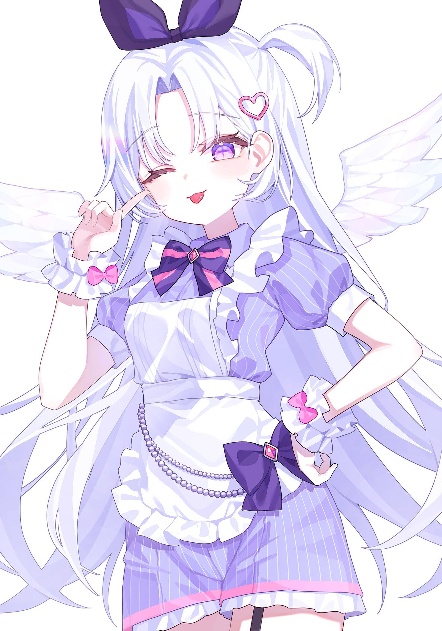 ayatsuno yuni, stellive, artist request, highres, 1girl, ;p, angel wings, apron, bow, dress, feathered wings, frilled apron, frills, garter straps, hair ornament, hand on own hip, hand up, heart, heart hair ornament, long hair, looking at viewer, one eye closed, one side up, parted bangs, pink bow, puffy short sleeves, puffy sleeves, purple bow, purple eyes, purple shorts, short sleeves, shorts, simple background, skirt, solo, striped bow, striped clothes, striped skirt, tongue, tongue out, vertical-striped clothes, vertical-striped skirt, very long hair, white apron, white background, white hair, white wings, wings, wrist cuffs