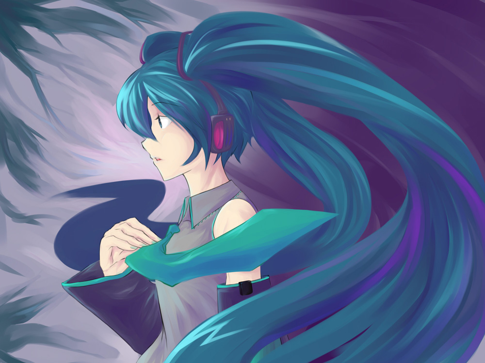 saiste, hatsune miku, vocaloid, green eyes, green hair, necktie, solo, twintails