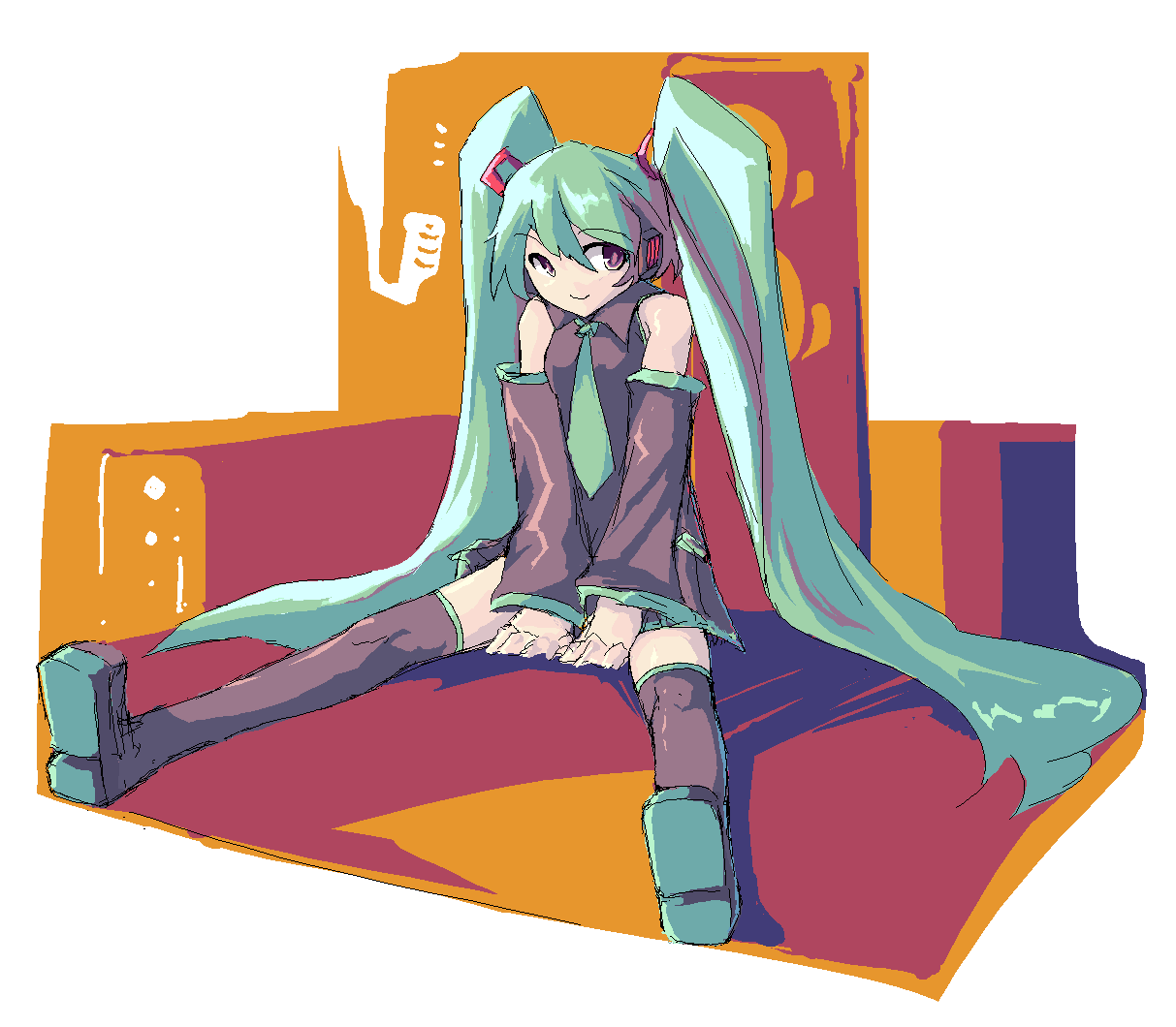 saiste, hatsune miku, vocaloid, detached sleeves, green hair, long hair, sitting, solo, thighhighs, twintails, very long hair