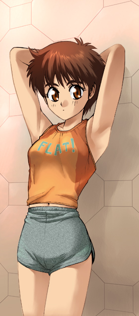 kikumaru bunta, izumi noa, kidou keisatsu patlabor, 1girl, armpits, arms behind head, brown eyes, brown hair, cowboy shot, female focus, navel, short hair, shorts, sleeveless, solo