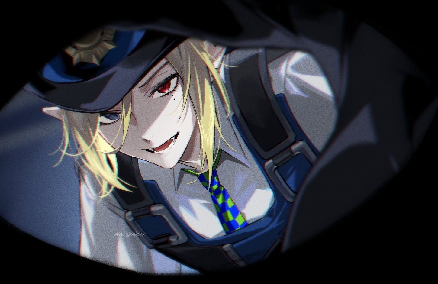 maka (mksrw), hugo vlad, zenless zone zero, commentary, symbol-only commentary, 1boy, :d, artist name, black gloves, blonde hair, blue hat, blue necktie, blue vest, checkered necktie, collared shirt, eye pov, fangs, gloves, green necktie, grey eyes, hair between eyes, hat, heterochromia, leaning forward, looking at viewer, male focus, mole, mole under eye, necktie, open mouth, parted bangs, pointy ears, police, police uniform, policeman, pov, red eyes, shirt, short sleeves, sidelocks, signature, smile, solo, teeth, twitter username, upper body, vest, white shirt, wing collar