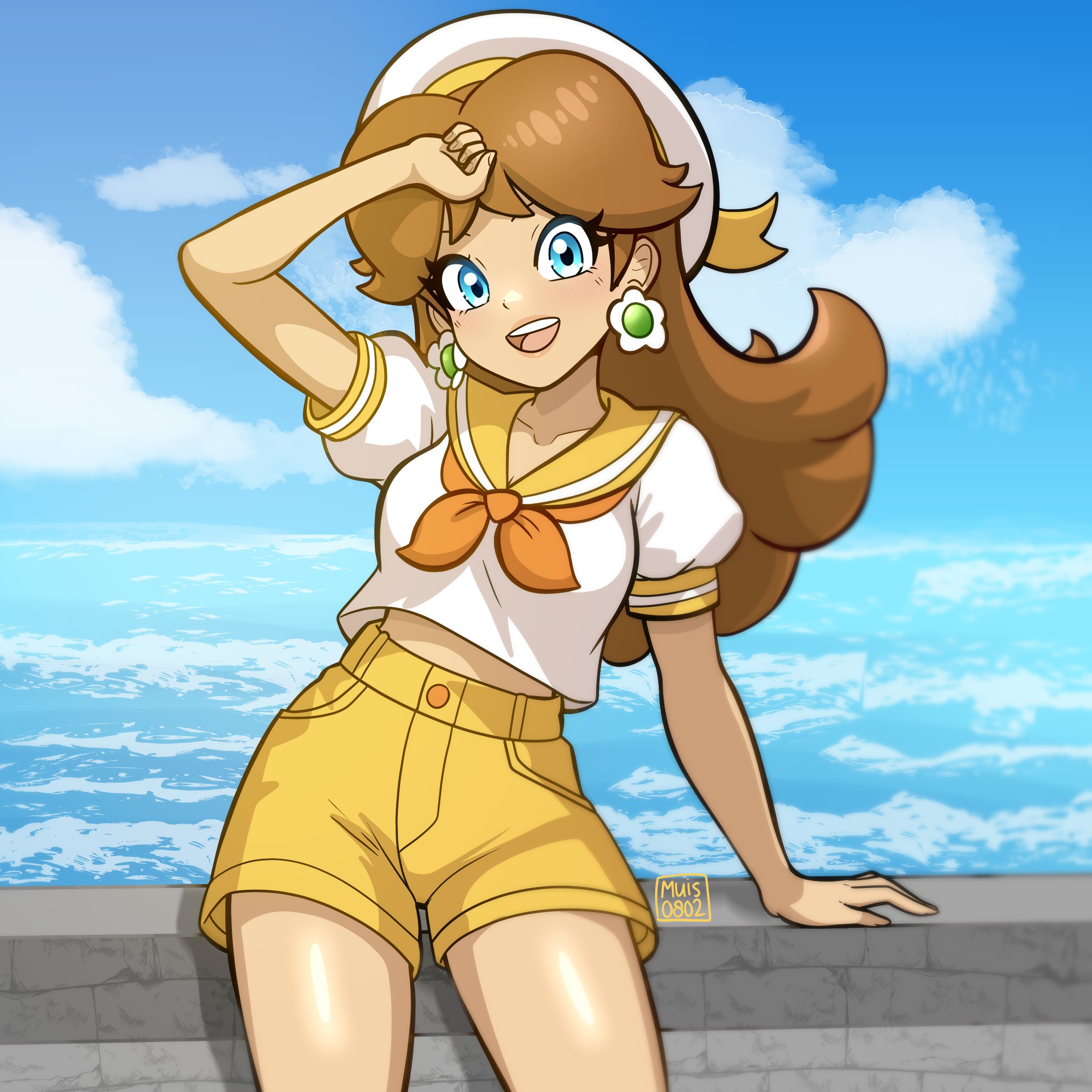 muis0802, princess daisy, princess daisy (sailor), mario (series), mario kart, mario kart tour, nintendo, absurdres, commentary, english commentary, highres, 1girl, blue eyes, blue sky, brown hair, cloud, earrings, hat, jewelry, long hair, looking at viewer, ocean, official alternate costume, open mouth, outdoors, sailor, sailor collar, shirt, short sleeves, shorts, sky, smile, solo, water, white hat, white shirt, yellow sailor collar, yellow shorts