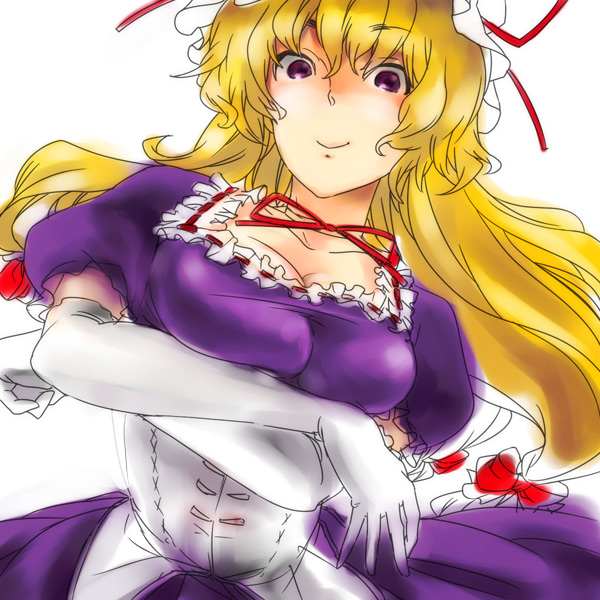 yukizen, yakumo yukari, touhou, bad id, bad pixiv id, 1girl, blonde hair, breasts, cleavage, corset, elbow gloves, female focus, gloves, large breasts, purple eyes, solo, white gloves