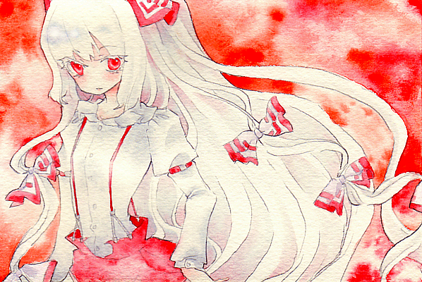 miri, miri (tobira no mukou), fujiwara no mokou, touhou, painting (medium), traditional media, watercolor (medium), 1girl, colored eyelashes, eyelashes, female focus, hair ribbon, no nose, red eyes, ribbon, solo