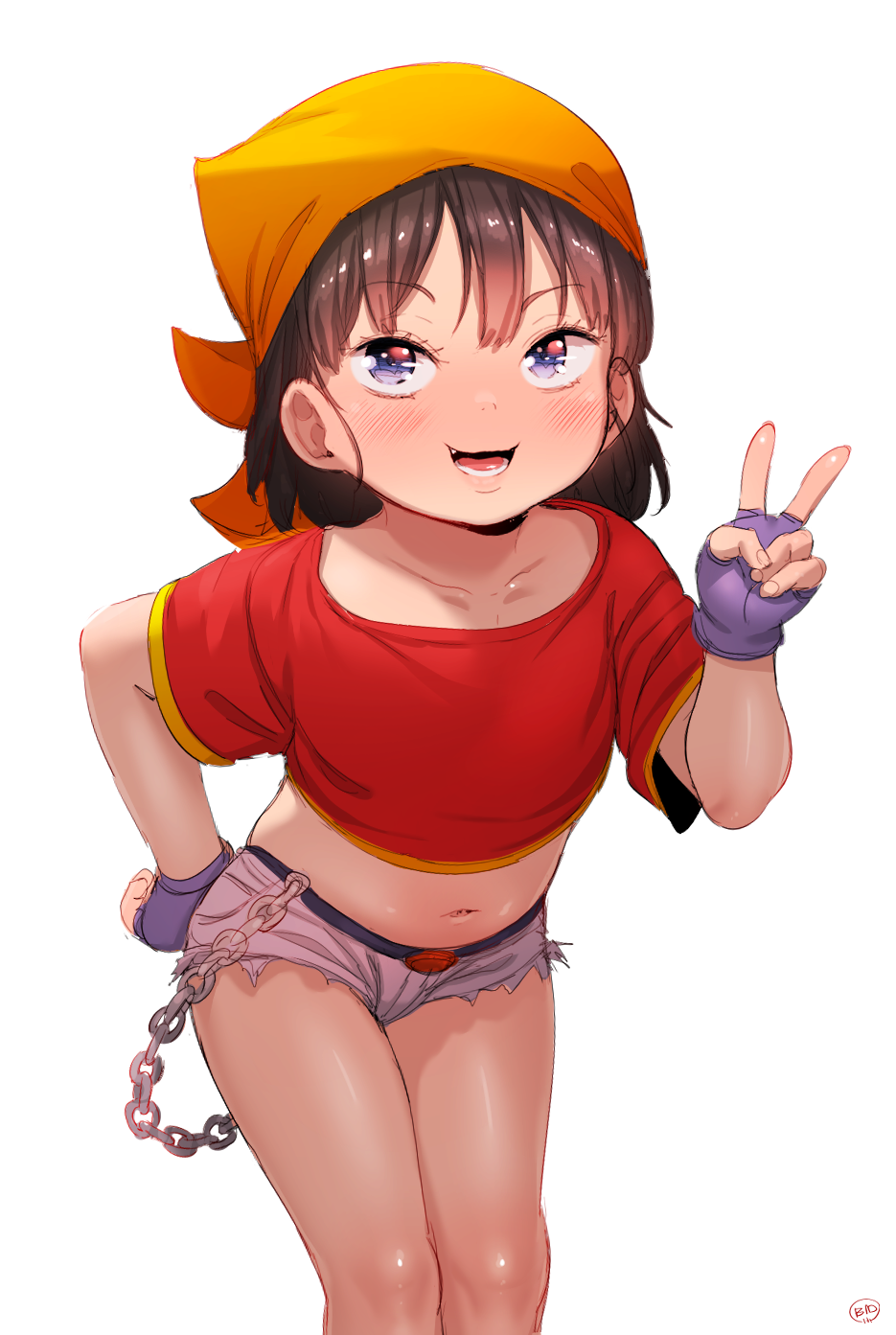 born-to-die, pan (dragon ball), dragon ball, dragon ball gt, commentary, english commentary, highres, 1girl, alternate costume, alternate eye color, bandana, black hair, blue eyes, blush, chain, fingerless gloves, gloves, grey shorts, looking at viewer, open mouth, orange bandana, purple gloves, red shirt, shirt, short hair, short shorts, short sleeves, shorts, smile, teeth, thighs, v