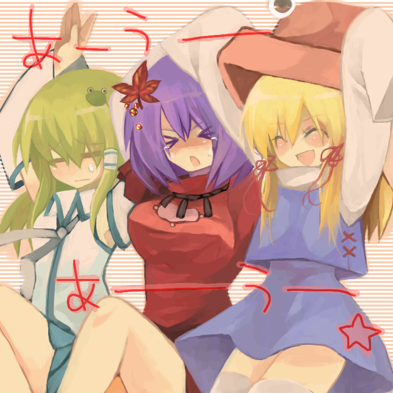 haneko, kochiya sanae, moriya suwako, yasaka kanako, touhou, > <, 3girls, armpits, blonde hair, closed eyes, female focus, green hair, hair ornament, hair ribbon, hairclip, haneneko, hat, leaf hair ornament, multiple girls, purple hair, ribbon, short hair, sweatdrop, thighhighs