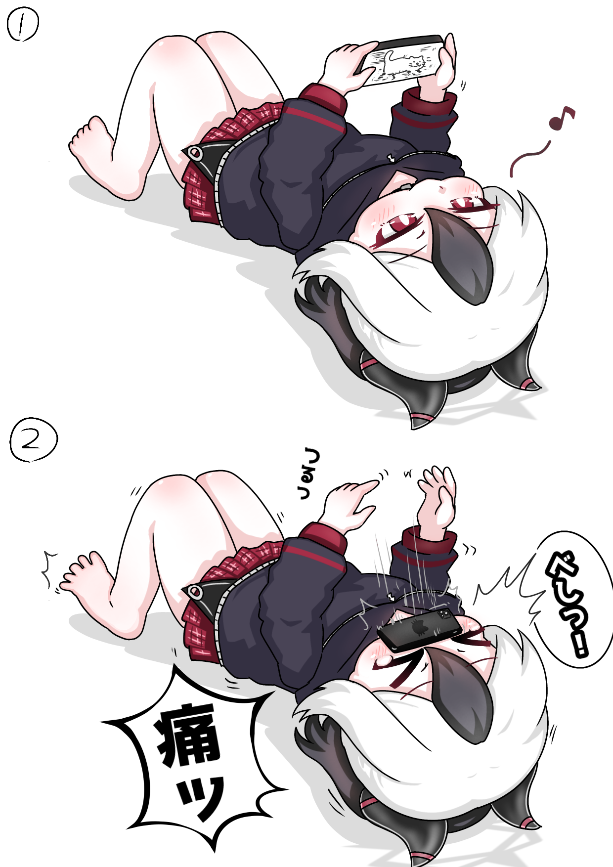 tomimon, kayoko (blue archive), blue archive, commentary request, highres, translation request, > <, 1girl, ^^^, barefoot, black hair, black hoodie, cat, cellphone, closed eyes, eighth note, halo, holding, holding phone, hood, hood down, hoodie, horns, knees up, long sleeves, lying, multicolored hair, musical note, on back, phone, plaid clothes, plaid skirt, pleated skirt, puffy long sleeves, puffy sleeves, red eyes, red skirt, shadow, skirt, two-tone hair, white background, white hair