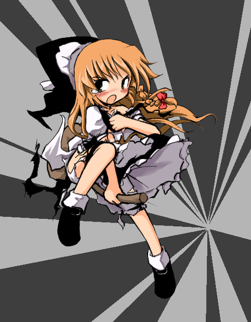 neki-t, kirisame marisa, touhou, 1girl, blush, braid, broom, broom riding, female focus, full body, hat, solo, tears, torn clothes, underwear