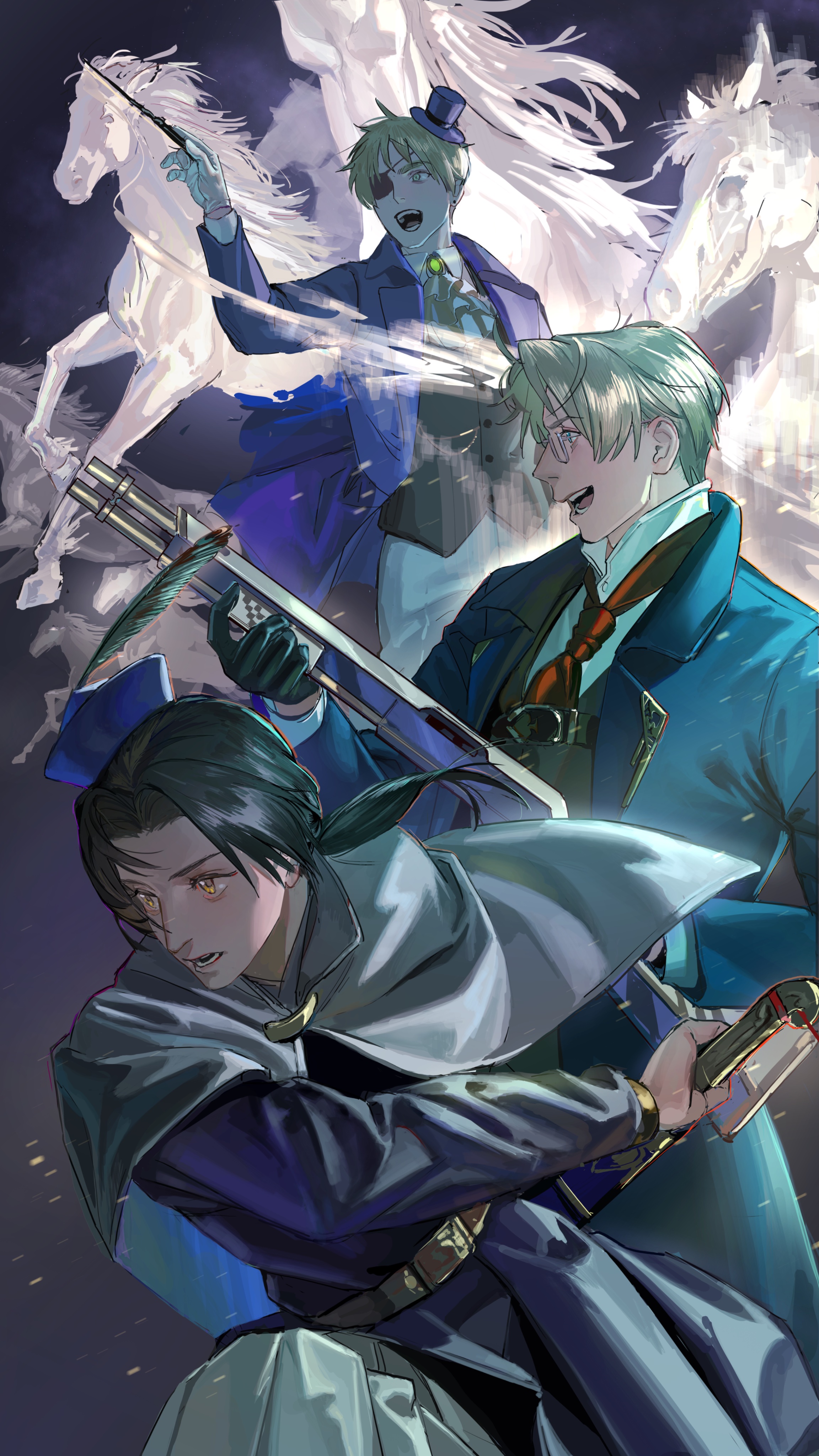 zhongerweiyuan, america (hetalia), china (hetalia), united kingdom (hetalia), axis powers hetalia, absurdres, commentary, highres, symbol-only commentary, 3boys, ahoge, animal, animal ears, ascot, belt, black-framed eyewear, black belt, black gloves, black hair, black vest, blonde hair, blue eyes, blue jacket, buttons, cape, collared shirt, eyepatch, floating clothes, floating hair, gem, glasses, gloves, green eyes, green gemstone, gun, hat, holding, holding gun, holding sword, holding wand, holding weapon, horse, horse ears, horse tail, jacket, jewelry, lapels, leather, leather gloves, long hair, long sleeves, looking to the side, low ponytail, male focus, mandarin collar, mini hat, multiple boys, necktie, open clothes, open jacket, open mouth, pants, pendant, ponytail, purple background, purple hat, purple jacket, red necktie, rifle, semi-rimless eyewear, shirt, short hair, sidelocks, smile, standing, sword, tail, teeth, tongue, top hat, vest, wand, weapon, white ascot, white cape, white gloves, white pants, white shirt, wing collar, yellow belt, yellow eyes
