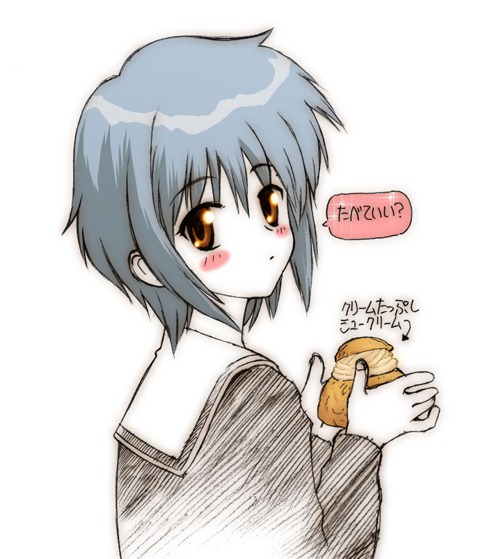 kikumaru bunta, nagato yuki, suzumiya haruhi no yuuutsu, silver hair, translated, 00s, blush, brown eyes, food, looking back, sailor, school uniform, serafuku, short hair, solo