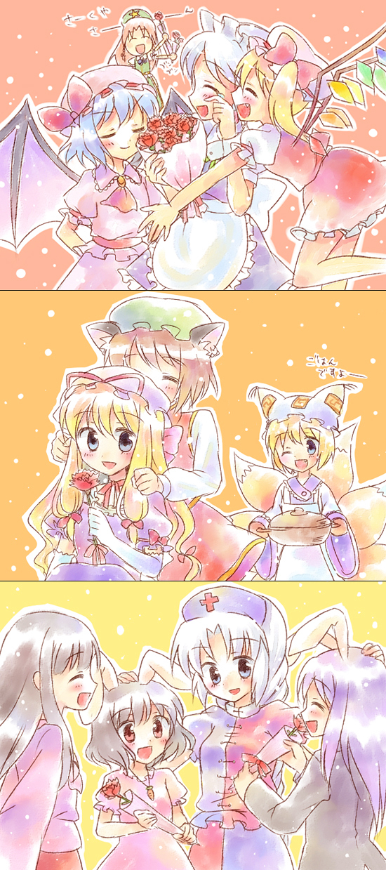 kuguri oimo, chen, flandre scarlet, hong meiling, houraisan kaguya, inaba tewi, izayoi sakuya, reisen udongein inaba, remilia scarlet, yagokoro eirin, yakumo ran, yakumo yukari, touhou, bad id, bad pixiv id, highres, 6+girls, animal ears, animal hat, blonde hair, carnation, cat ears, cat girl, female focus, flower, happy, hat, long sleeves, mob cap, mother's day, multiple girls, rabbit ears, red carnation, red flower, short hair, tassel, wide sleeves, wings