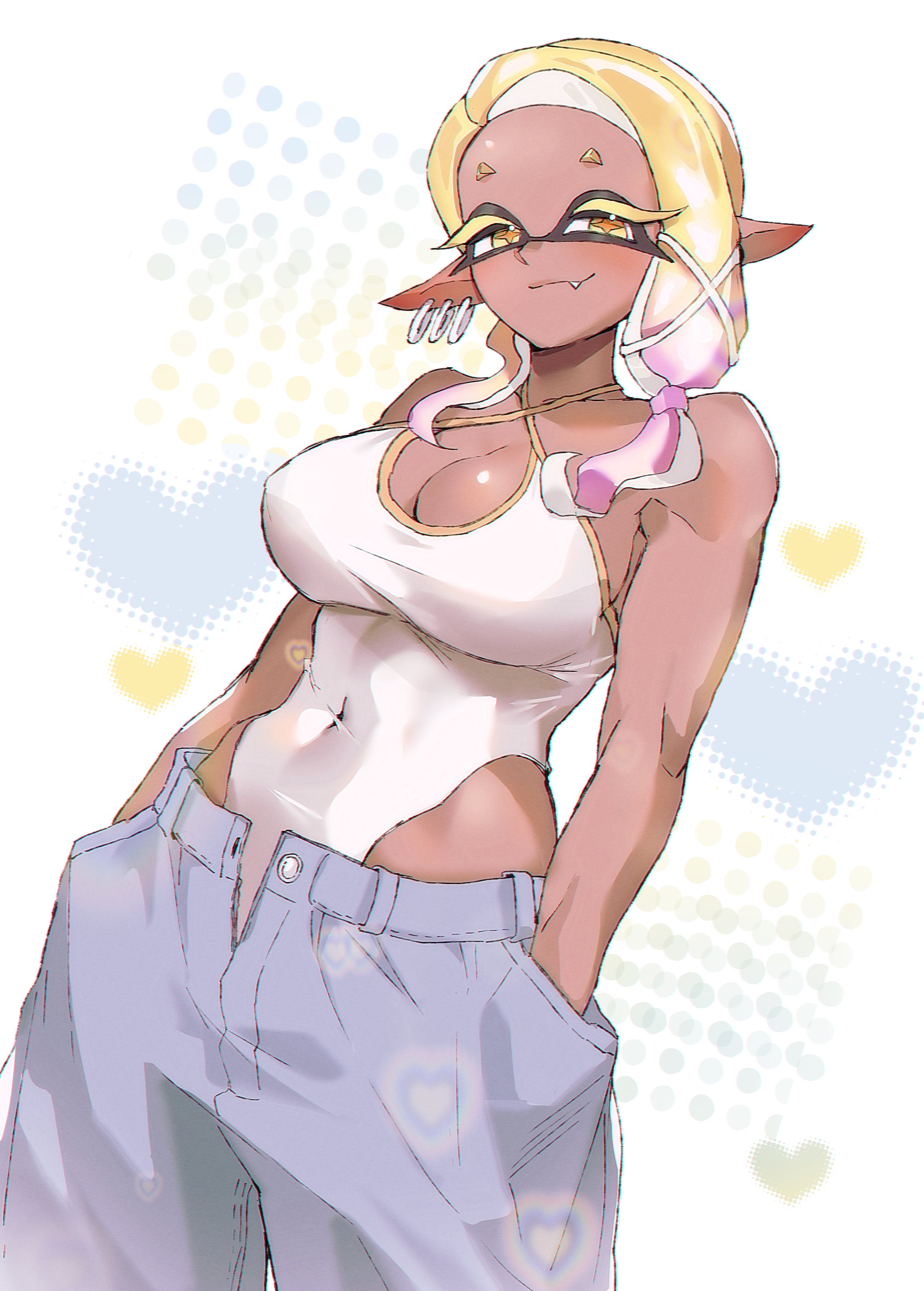 mokana moka, frye (splatoon), nintendo, splatoon (series), splatoon 3, 1girl, alternate costume, baggy pants, blonde hair, blush, breasts, covered navel, cowboy shot, dark-skinned female, dark skin, dutch angle, earrings, fangs, hands in pockets, heart, inkling, jewelry, large breasts, looking at viewer, multiple piercings, one-piece swimsuit, pants, pointy ears, smile, solo, swimsuit, swimsuit under clothes, tentacle hair, unbuttoned pants, yellow eyes