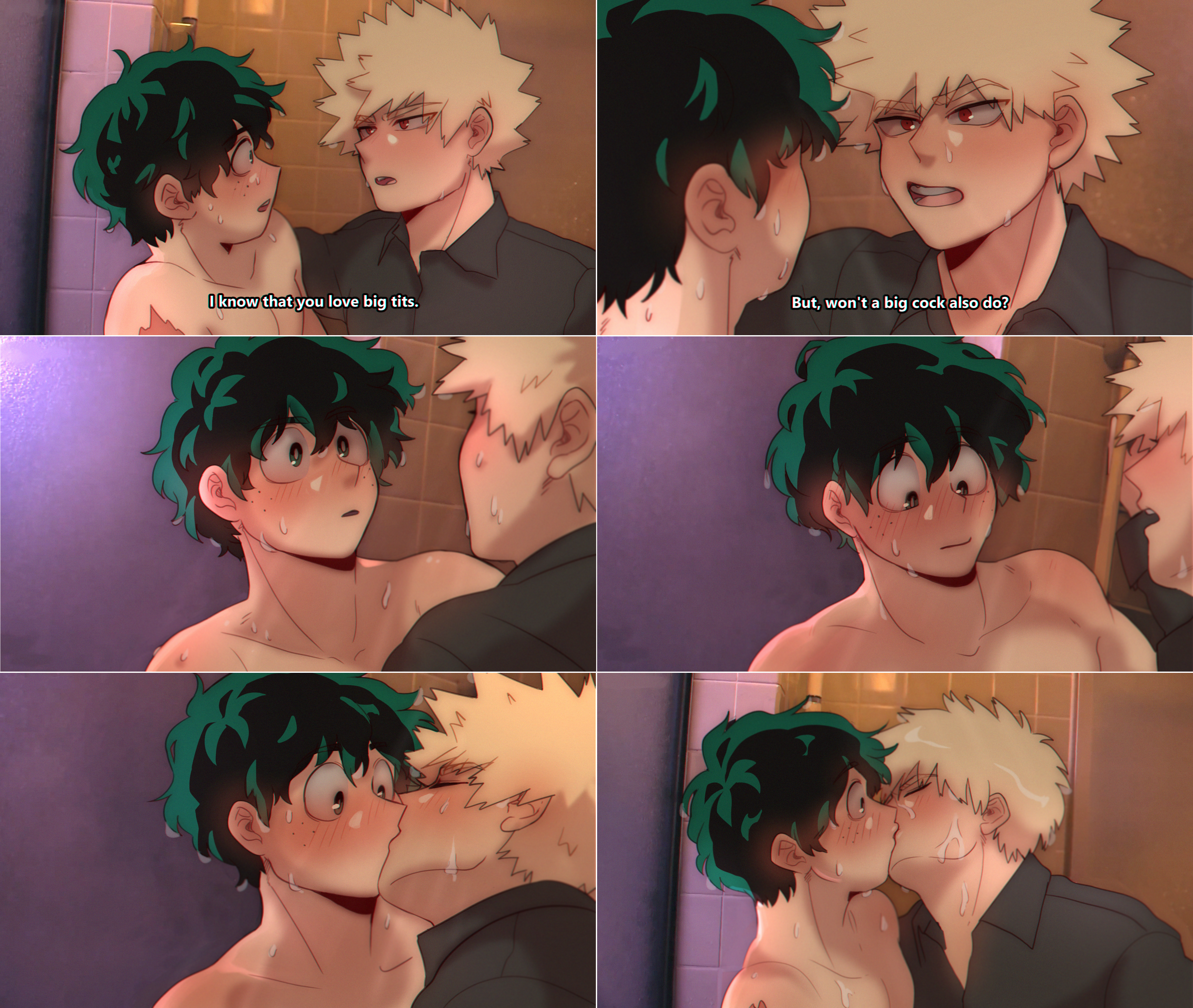 bakugou katsuki, midoriya izuku, boku no hero academia, 6koma, after shower, bakudeku, blonde hair, blush, comic, freckles, green eyes, green hair, hug, indoors, kiss, nude, parody, pectorals, red eyes, shirt, shower (place), surprised, wet, yaoi