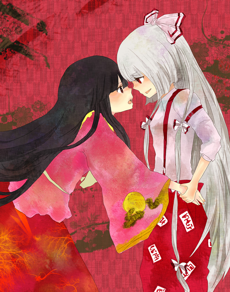chiri (o9o9), fujiwara no mokou, houraisan kaguya, touhou, 2girls, black hair, female focus, hair ribbon, long hair, multiple girls, ribbon, white hair