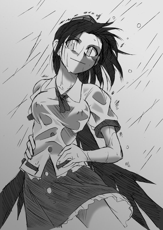 angeldust, shameimaru aya, touhou, looking away, 1girl, covered erect nipples, female focus, greyscale, monochrome, rain, smile, solo, wet, wet clothes, wings