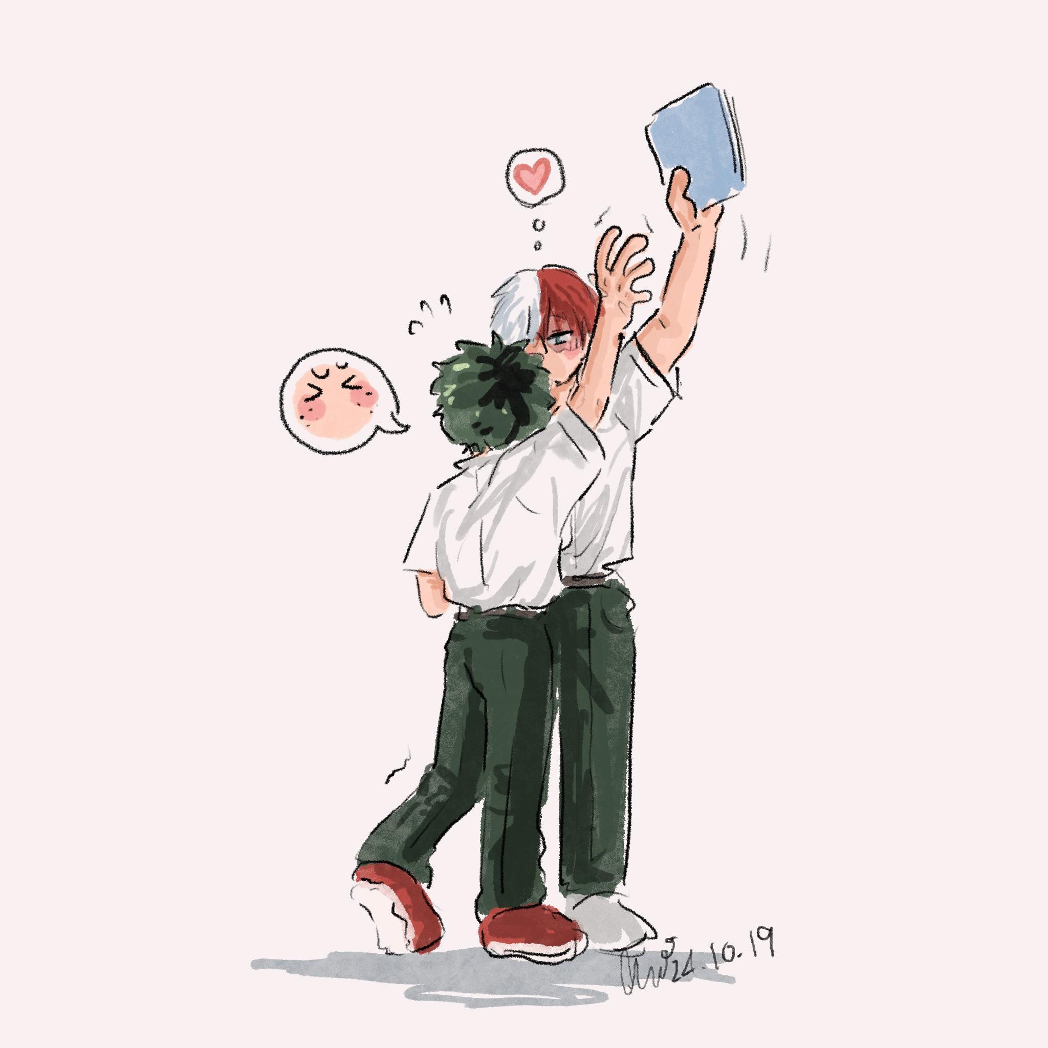 midoriya izuku, todoroki shoto, boku no hero academia, freckles, green hair, multicolored hair, notebook, prank, red hair, school uniform, size difference, tododeku, two-tone hair, white hair