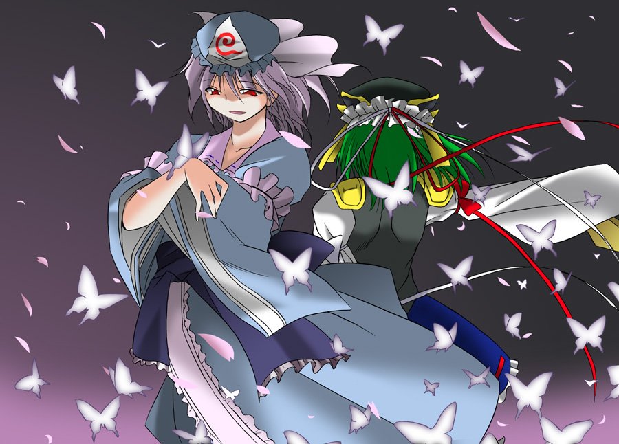angeldust, saigyouji yuyuko, shiki eiki, touhou, 2girls, bug, butterfly, dress, female focus, gradient background, green hair, hat, insect, multiple girls, red eyes