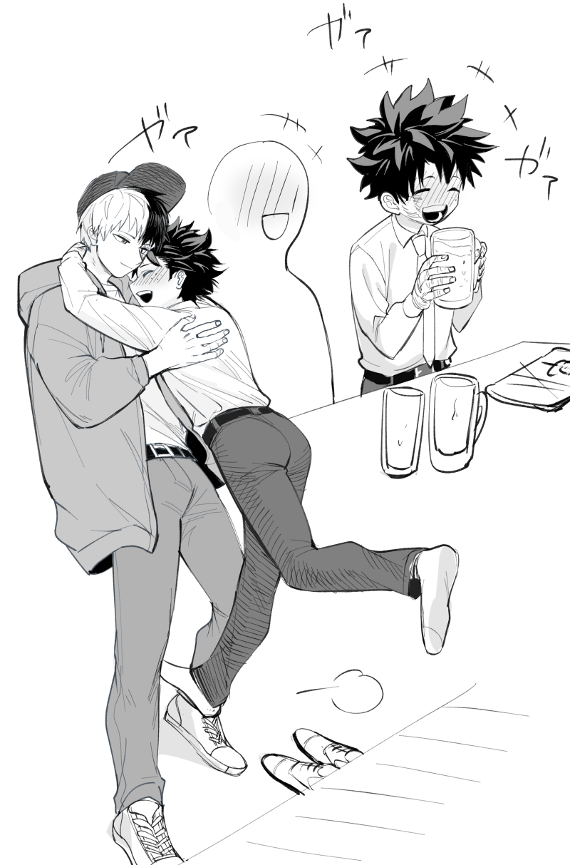 midoriya izuku, todoroki shoto, boku no hero academia, aged up, blush, curly hair, drinking, drunk, freckles, hat, hug, matohiro311, multicolored hair, pants, scar, shirt, smile, tododeku, two-tone hair, yaoi