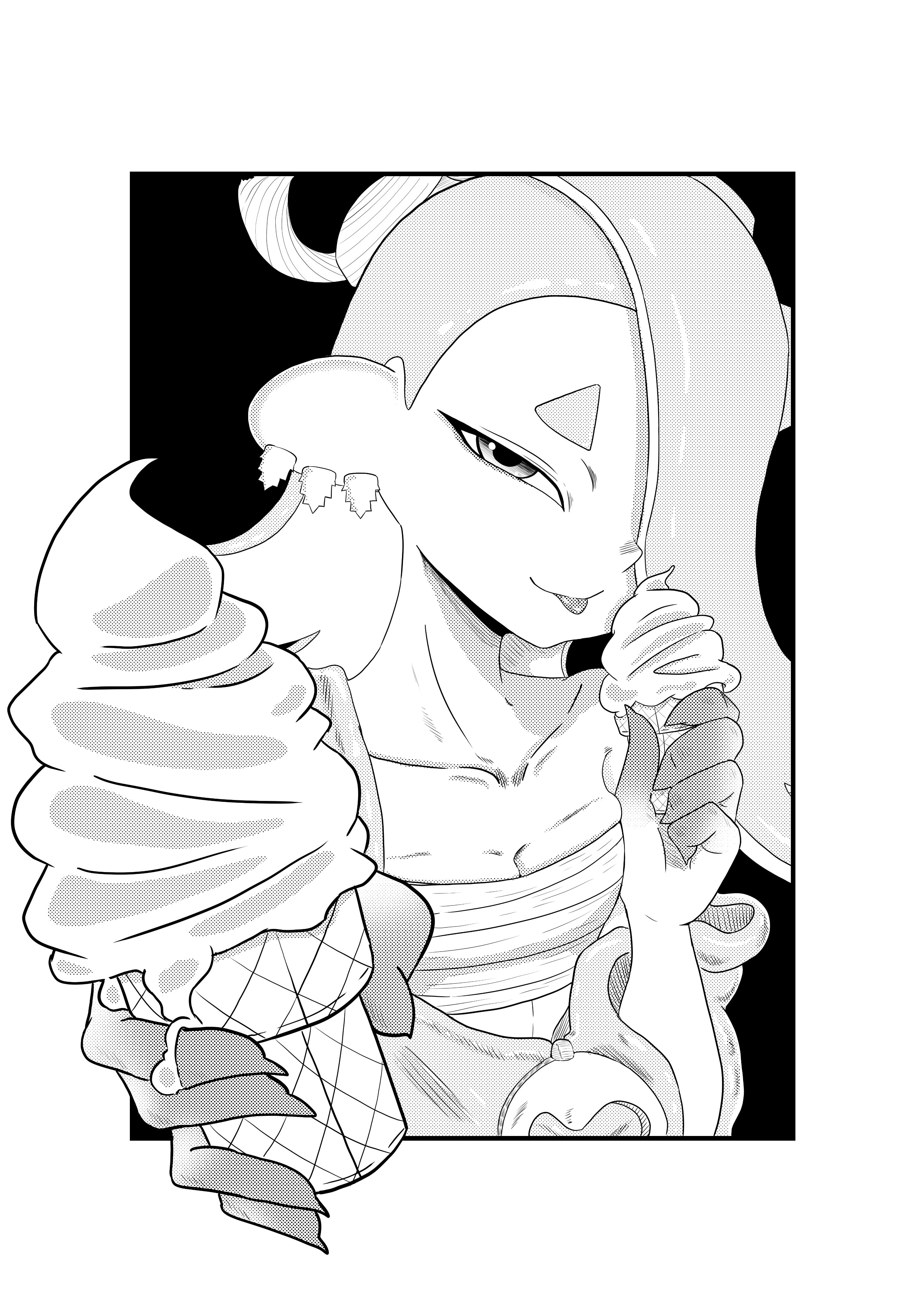 moodyrover, shiver (splatoon), nintendo, splatoon (series), splatoon 3, 1girl, capelet, chest sarashi, collarbone, eating, greyscale, hair over one eye, ice cream cone, looking at viewer, monochrome, octoling, offering, offering food, outstretched hand, sarashi, smile, solo, tentacle hair, tongue, tongue out, upper body