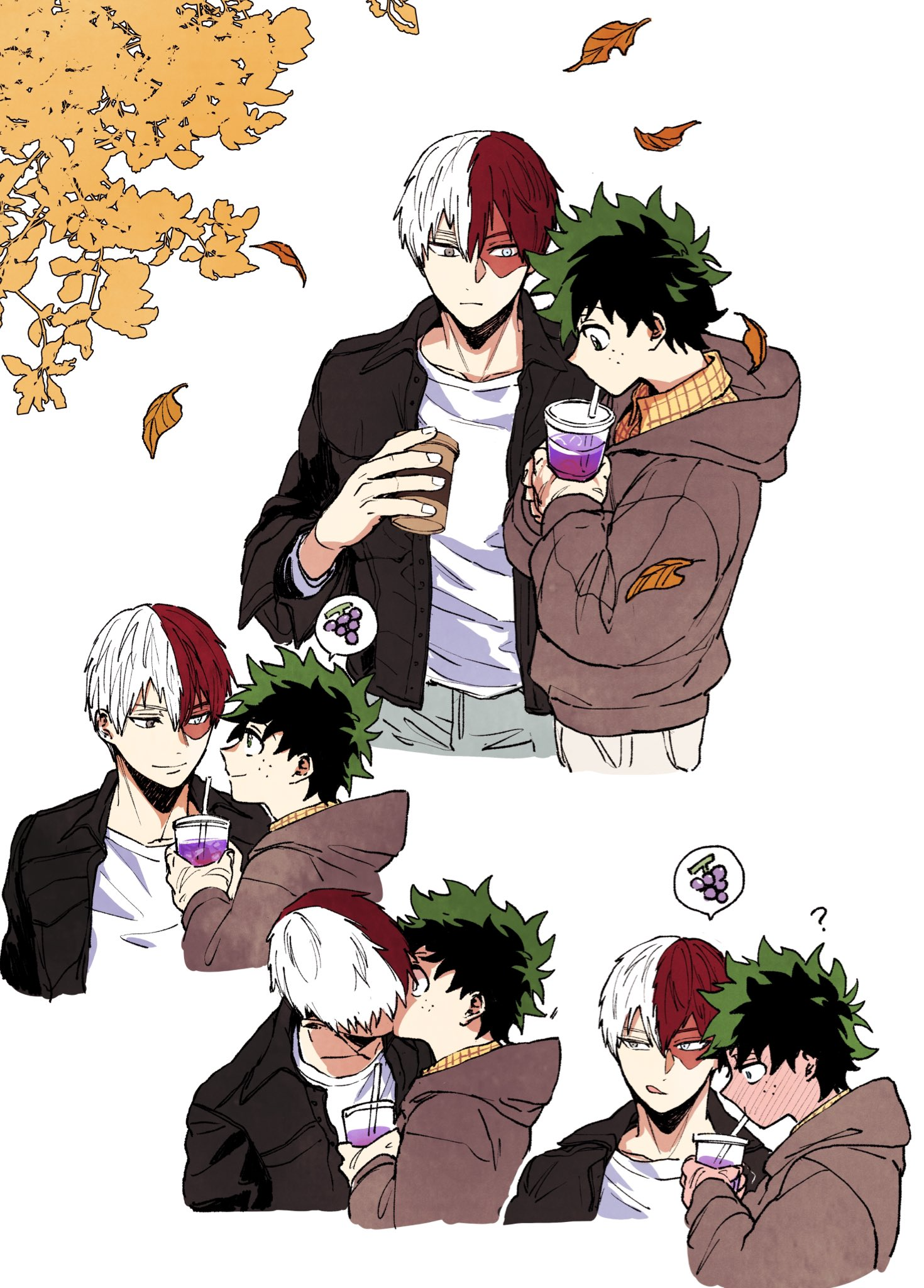 midoriya izuku, todoroki shoto, boku no hero academia, autumn, blush, coffee, coicoimomi, dated, drink, drinking, freckles, green hair, jacket, kiss, multicolored hair, red hair, tododeku, tree, two-tone hair, white hair