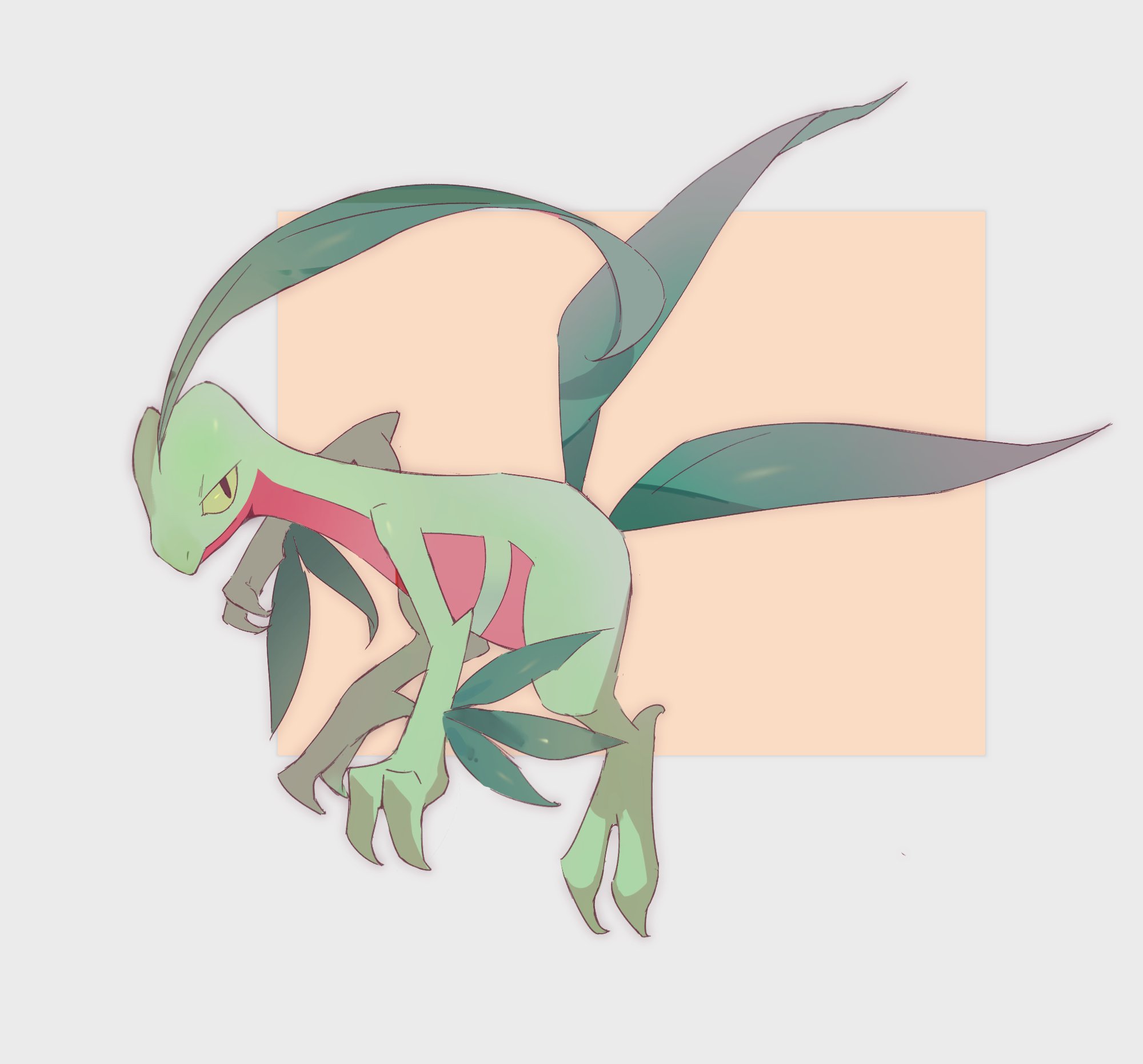 shuri 0818, grovyle, nintendo, pokemon, highres, colored sclera, colored skin, full body, gen 3 pokemon, green skin, leaf, multicolored skin, no humans, pokemon (creature), pokemon focus, two-tone skin, yellow eyes, yellow sclera